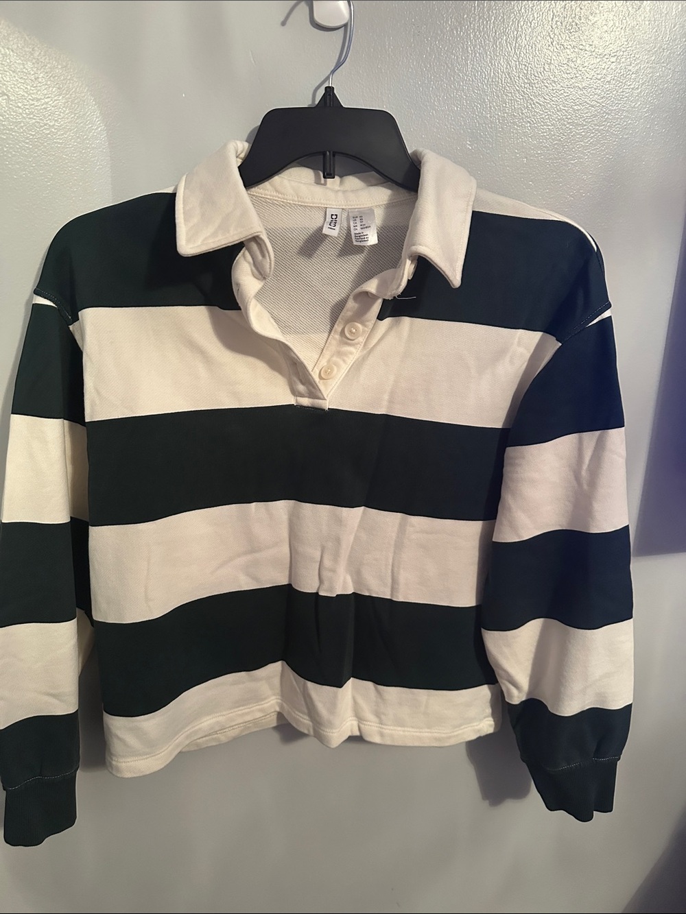 H&M Dark Green and White Striped Rugby Pullover